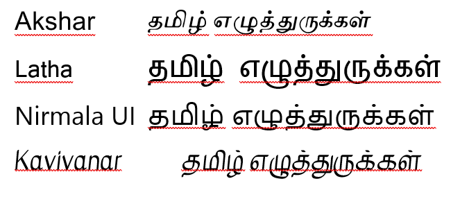 Examples of different fonts for representing Tamil script: Akshar, Latha, Nirmala UI, and Kavivanar.