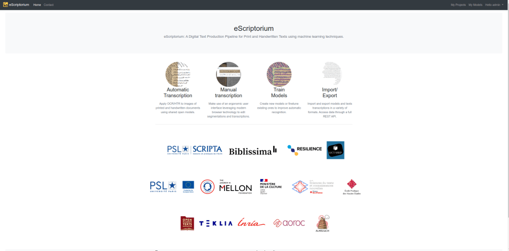 Home page of eScriptorium providing a list of its institutional partners