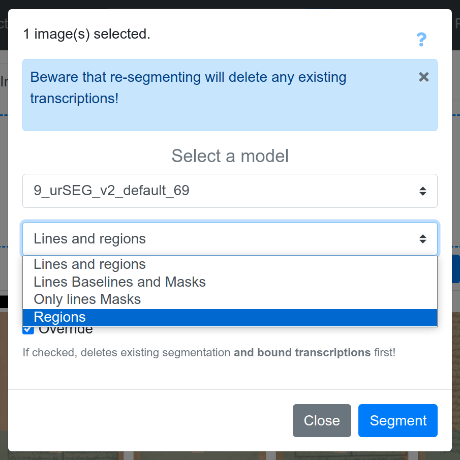 Form to select a task for the segmentation model in eScriptorium